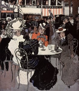 Woman talking at a table outside a cafe. Illustration by Von Reznicek in: Simplicissimus, Germany by Ferdinand von Reznicek