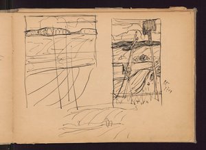 Three Sketches: a),c) Hilly Landscape, b) Old Crosses; verso: Three Sketches of Paintings: Angelus, Lithuania, Province