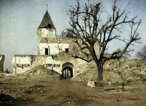 Heavily damaged castle, and the tree where Napoleon III once rested, Ham, Somme, France, 1917