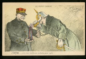 Postcard, Satirical in Colors, ca. 1914: A small gift I offer with my best wishes for 1915 - War of 14-18, Canons, shells - William II, Joffre Illustration by Gottlob by Fernand Louis Gottlob