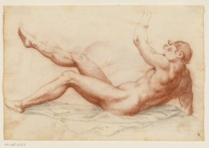 Prostrated Male Nude Turned Left Leaning on His Right Arm and Lifting His Left Arm and Right Leg Up by Filippo Esegrenio