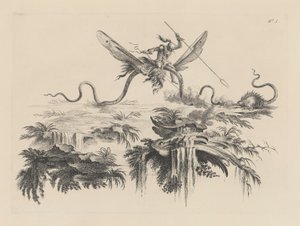 A Savage mounted on a winged Serpent battling with a wild beast resembling a Porcupine by Filippo Morghen