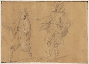 A running figure with the mantle over his head, and a standing man with hat and staff by Filippo Paladini