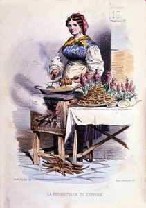 Small business of the city of Naples: walking saleswoman of zeppolle, specialty pastry of Naples. Engraving after a painting by F. Palizza. From a work by Francesco de Bourcard 