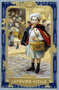 Advertising of the Cookie Lefèvre-Useful: Lu (the Schoolboy). sd. Chromolithography 19th century based on the original drawing of Firmin Bouisset