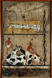 Egyptian Antiquities: A Bull is Sacrificed Before a Sarcophagus. Detrempe on Clay and Straw from the Tomb of the General and Chancellor of King Iti in El Ghebelen near Luxor. 2200-2000 BC. Turin, Egyptian Museum