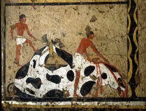 Egyptian antiquity: a bull is sacrificed before a sarcophagus. Tempera on clay and straw from the tomb of the General and Chancellor of King Iti in El Ghebelen near Luxor. 2200-2000 BC. Turin, Egyptian Museum