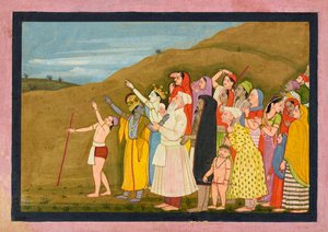 Krishna and his family admire a solar eclipse, perhaps a page from the Bhagavata Purana by First generation after Nainsukh