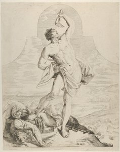 Samson Holding the Jaw Bone of an Ass Over His Head and Standing Next to the Philistines