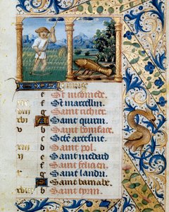 Calendar, June: A Peasant Mowing and the Sign of Cancer. Page from a Book of Hours, 16th Century, Badia de 