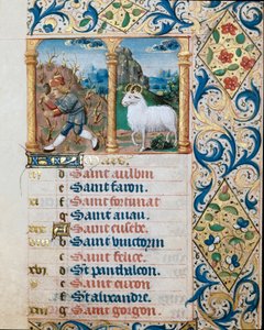 Calendar, the month of March, a sowing peasant and the ram