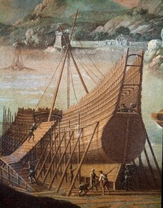 Construction of a galleon in a shipyard in Genoa (Detail) by Flemish School