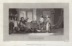 Flemings. Engraving of servants and master. by Flemish School