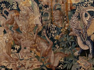 Flemish tapestry. Landscape with pergola and big beasts, with 2 columns. Atelier of Oudenaarde. 17th century