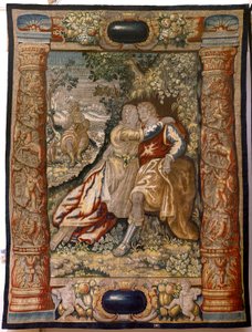 Flemish Tapestry. Series Gallantry. Couple with Musician. Manufacture Brussels, Early 17th Century. Fabric Silk and Wool, 5/6 Warps per cm. Size 348 x 263 cm. Location Church of San Millán de la Cogolla, Oncala (Soria).