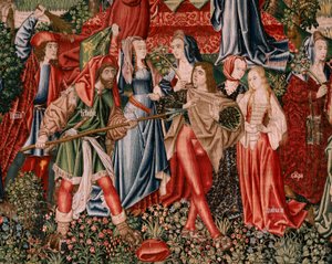 Flemish Tapestry. Series Human Redemption or Vices and Virtues. Vices Lead Man to Sin. Second Tapestry in the Series (First of Those Kept in Palencia). Brussels’ Manufacture, Workshop. Ca 1510. Size 425 x 800 cm. Fabric Gold, Silk and Wool.