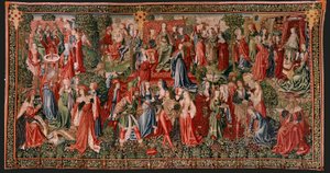 Flemish Tapestry. Series Human Redemption or Vices and Virtues. Vices Lead Man to Sin. Second Tapestry in the Series (First of Those Kept in Palencia). Brussels’ Manufacture, Workshop. Ca 1510. Size 425 x 800 cm. Fabric Gold, Silk and Wool. by Flemish School