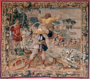 Flemish tapestry. Series The Labours of Hercules. Hercules and Antaeus. Fourth tapestry in the extant series. Model Unknown. Manufacture Willem Dermoyen, Brussels. Ca 1528. Fabric Silk and wool. Size 362 x 403 cm. Location Royal Palace by Flemish School