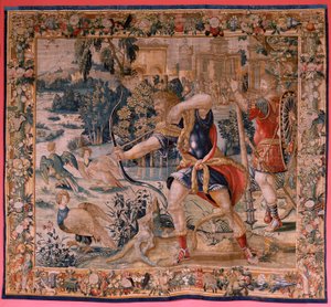 Series The Labours of Hercules. Hercules and the Stymphalian birds. First tapestry in the extant series. Ca 1528. by Flemish School