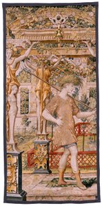 Flemish Tapestry. Series Vertumnus and Pomona. No II Vertumnus Transformed into a Farmer. Models Circle of Pieter Coecke Van Aelst and Léonard Thiry. Atelier Unknown, Brussels. Gold, Silk and Wool.