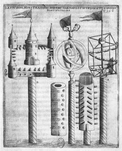 How to set fireworks, illustration from Tratado de Artilleria by Diego Ufano, Brussels, 1613