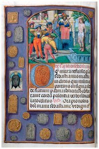 Martyrdom of St Sebastian with trompe l’oeil border of pilgrim badges and vernicle, from a Book of Hours, Flanders, early sixteenth century by Flemish School