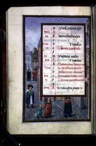 Snow in a Street, illuminated calendar page for December, from a Book of Hours by Flemish School