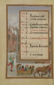 Street Scene in the Snow, illuminated calendar page for January, from a Book of Hours, c.1500 by Flemish School