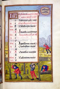 Cutting Trees and Binding Faggots, illuminated page for February, from a Book of Hours, c.1500 by Flemish School