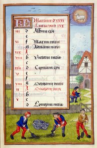 Digging and Tree Planting, illuminated calendar page for March, from a Book of Hours, c.1500 by Flemish School
