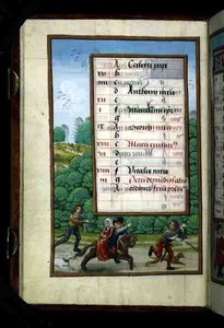 A Master and his Lady Ride with the Hunt, illuminated calendar page for April by Flemish School