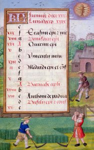 Mowing Grass, illuminated calendar page for June, from a Book of Hours, c.1500 by Flemish School