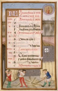 Threshing Corn in the Barn, illuminated calendar page for August, from a Book of Hours, c.1500 by Flemish School