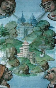 Ms Hunter 9 f.47v Four winds blowing at corners on a sea-girt landscape, from 