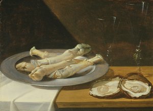 Pigs Knuckles on a Pewter Plate with Oysters and Wine Glasses on a Draped Table (c.1630) by Flemish School