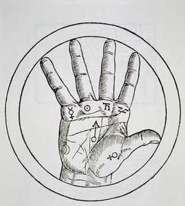 Position of the Planets on the Right Hand, copy of an illustration from De Occulta Philosophia Libri III, by Henricus Cornelius Agrippa, Antwerp 1533, used in a History of Magic, published late 19th century by Flemish School