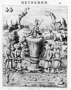 Samudramathana, with the Participation of Deva (Surya, Shiva, Vishnu, Brahma) with Demons and Mounts. According to Baldaeus Philippus Afgoderye der oost-indische Heydenen. Amsterdam 1672 by Flemish School