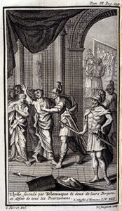 Ulysses seconded by Telemachus and two of their shepherds disband all the pursuers. Illustration for book XXII of the Odyssey by Homer, in the Odyssey, published in Amsterdam in 1731, Private Collection Milan by Flemish School