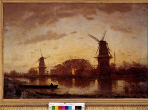 The banks of the Amstel River landscape with mills in the Netherlands