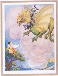 The griffin saw a little yellow man sitting on the top of a tree