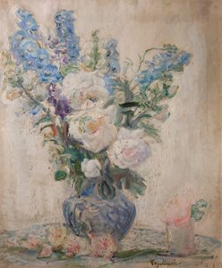 White Roses and Delphiniums by Florence Engelbach