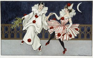 Pierrot and Colombine dancing in the moonlight - drawing by Florence Hardy, early 20th century