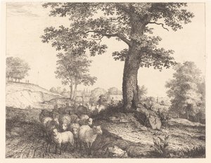 Shepherd and Flock under an Ancient Tree by Florian Grospietsch