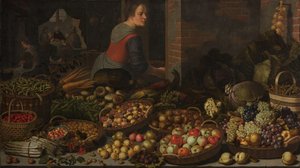 Still Life with Fruit and Vegetables, with Christ at Emmaus in the Background by Floris Gerritsz van Schooten