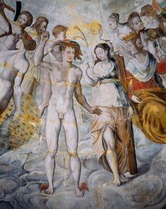 Mercury, messenger of gods and Psyche, Janus on right, frescoes in gilded tower of Ligue, Fontainebleau School, Tanlay Castle (16th-17th century), Burgundy, France
