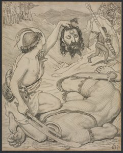 David and Goliath, Cartoon for Stained Glass Window at Jesus College, Cambridge by Ford Madox Brown