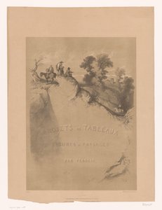 Title Page with Rocky Landscape and Travelers Along a Gorge (Landscape and Figure Studies by Férogio) by Fortuné Ferogio