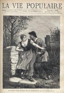 A couple of peasants, the man in a blouse and hoof, jumps the young woman who pushes him back with a smile and light. Illustration by E. Bertin for Les twenty five francs de la superieure by Guy de Maupassant. Engraving by Fortune Meaulle