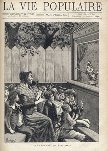 A woman in the middle of a group of children applauds a puppet show (Guignol). Illustration of Fortune Meaulle by Montegut for 