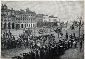 Depart of Bordeaux-Paris cycling race in 1891 - engraving by Meaulle of 1891 by Fortune Louis Meaulle